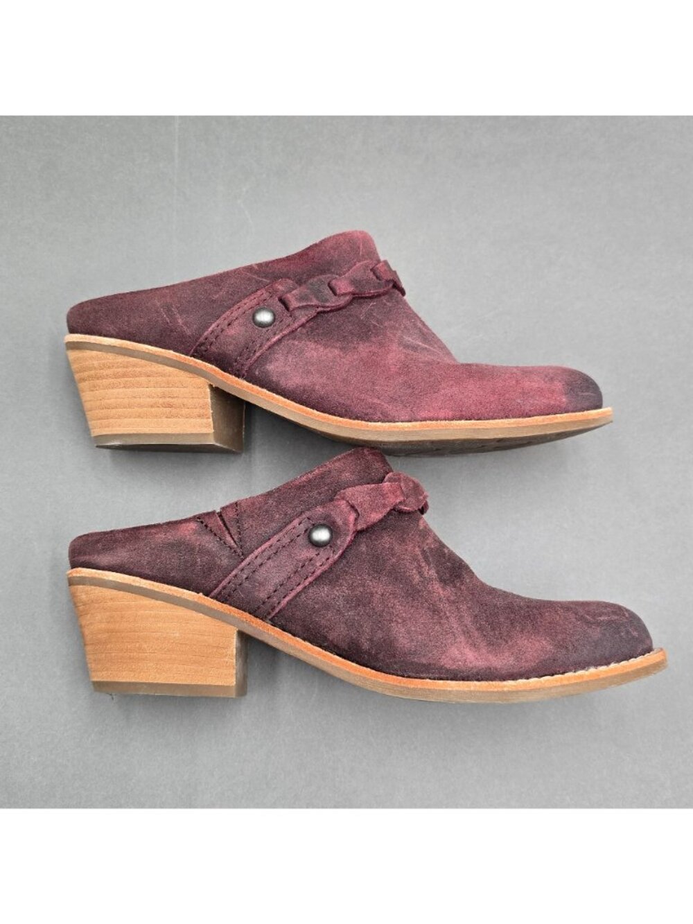 Earth Juliet Burgundy Suede Mules Size 7.5M Braided Strap Block Heel Clogs Shoes - Picture 4 of 9